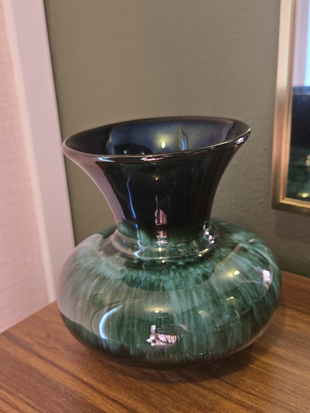 Vintage Blue Mountain Pottery Wide Base Vase Turquoise Drip Glaze 1970s Art